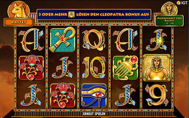 Zu sehen ist der Slot Cleopatra Plus. Der Spieler kann w?hrend des Spielens im Level aufsteigen.