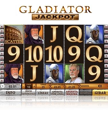 Pantallazo de la slot Gladiator Jackpot en el que aparecen los símbolos principales. Las letras J, Q y los números 9 y 10. Los personajes Próximo, Graco y Juba también hacen aparición además del Coliseo.